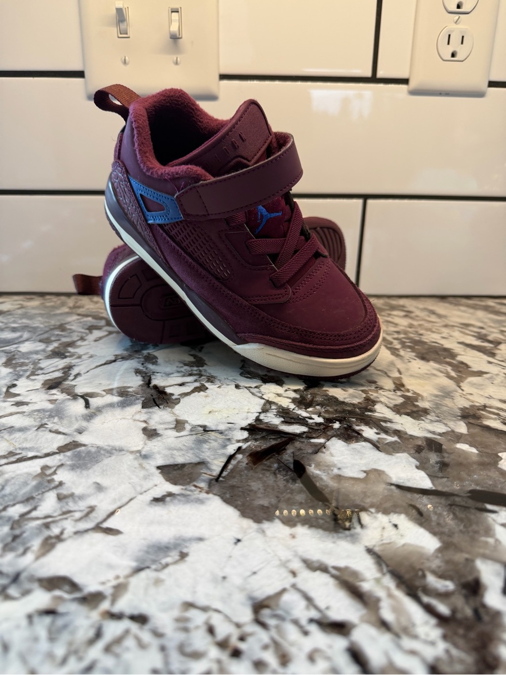 adidas Kids Burgundy Sneaker with Blue Accent